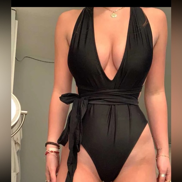 Black Plunging Backless One Piece Swimsuit - Picture 1 of 5
